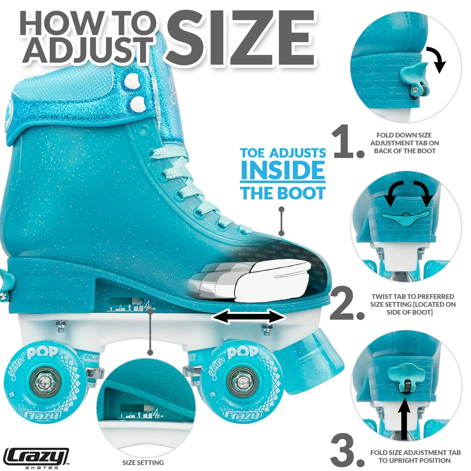 Crazy - Glitter Pop Adjustable Quad Skates - Teal 2 Crazy - Glitter Pop Adjustable Quad Skates - Teal - Image 2