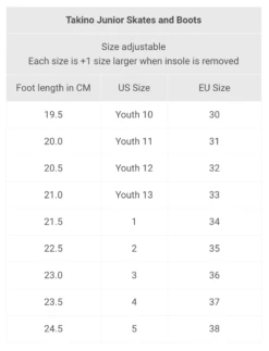 Takino Junior Race Boot -Roller Skating Store TakinoJuniorBootSizeChart